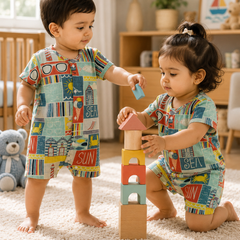 Beach Day | Short Sleeves | Unisex Romper Bodysuit | 100% Cotton Muslin for 0 to 2 Yrs