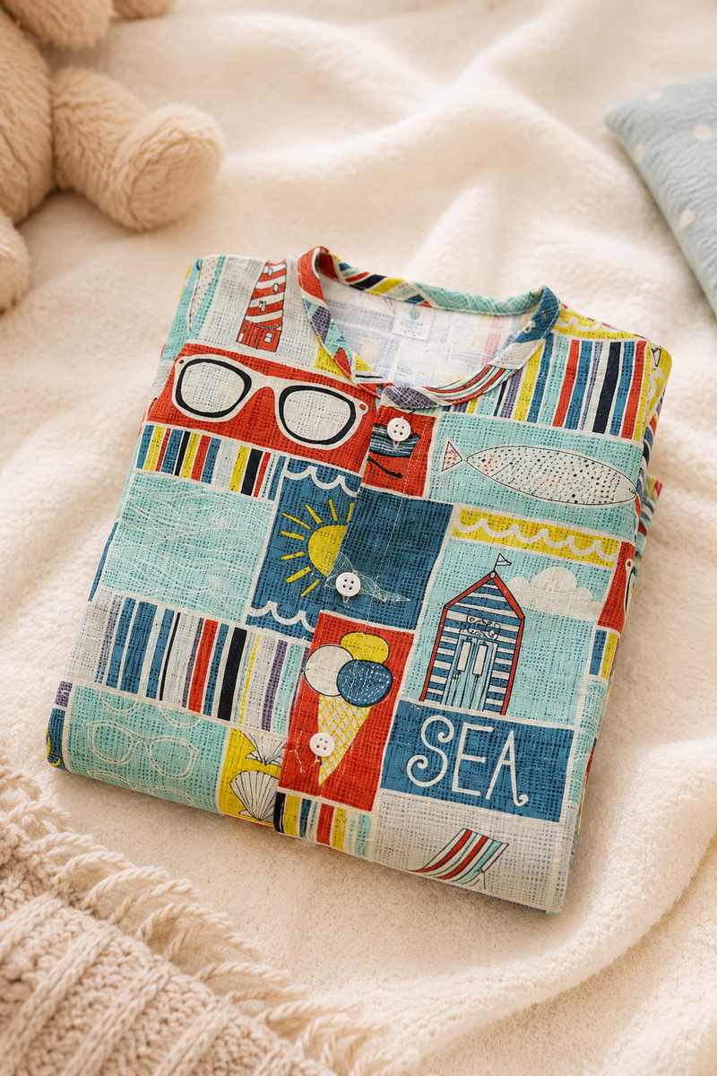 Beach Day | Short Sleeves | Unisex Romper Bodysuit | 100% Cotton Muslin for 0 to 2 Yrs