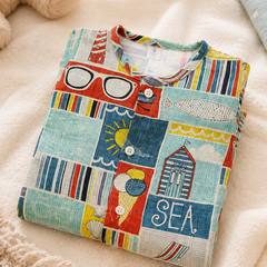 Beach Day | Short Sleeves | Unisex Romper Bodysuit | 100% Cotton Muslin for 0 to 2 Yrs