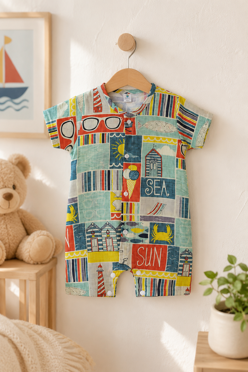 Beach Day | Short Sleeves | Unisex Romper Bodysuit | 100% Cotton Muslin for 0 to 2 Yrs