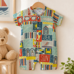 Beach Day | Short Sleeves | Unisex Romper Bodysuit | 100% Cotton Muslin for 0 to 2 Yrs