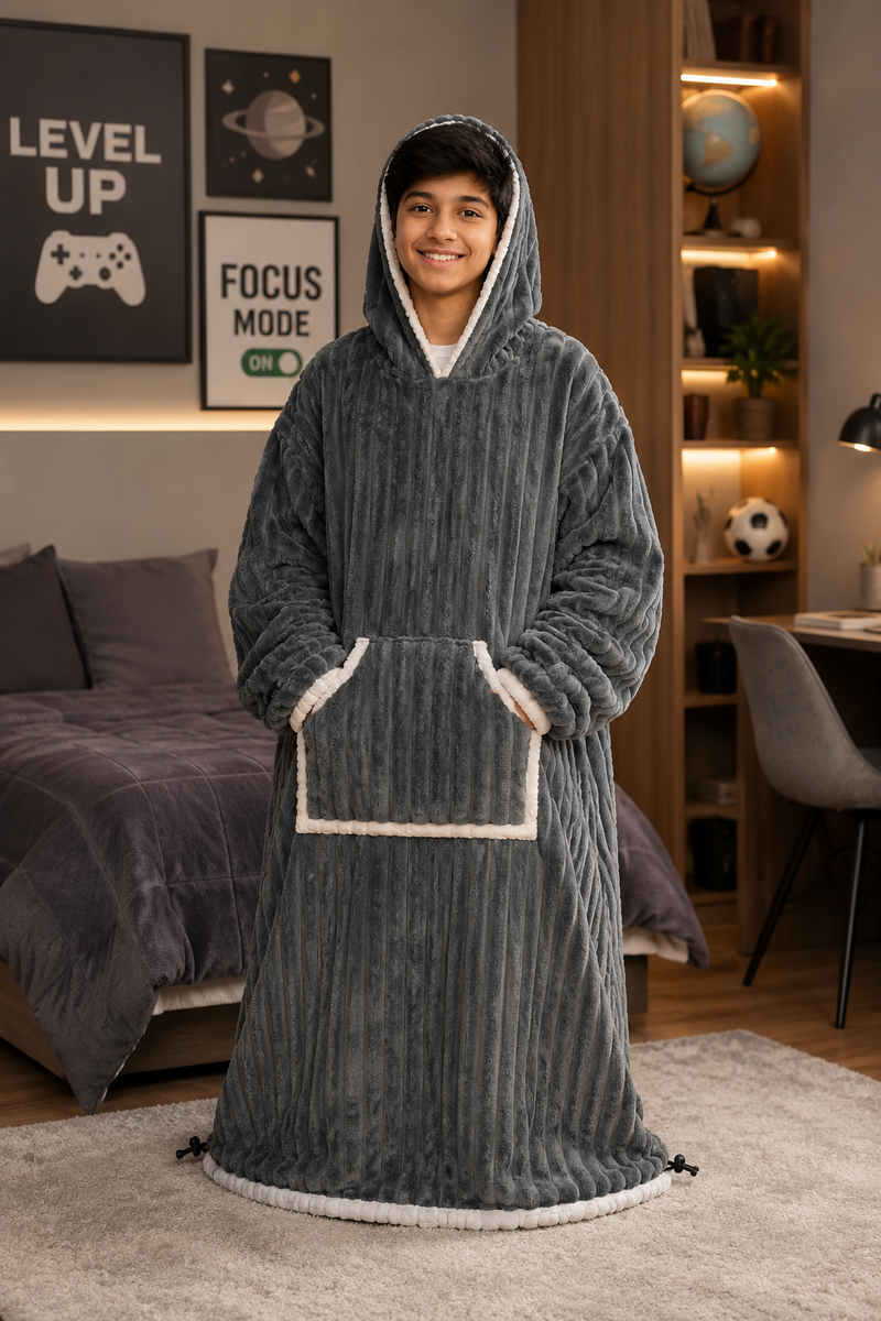 Grey Plush - KK × Coozly Coozlies™ – Plush Wearable Blanket for Kids | The Cozy Hug They Can Wear