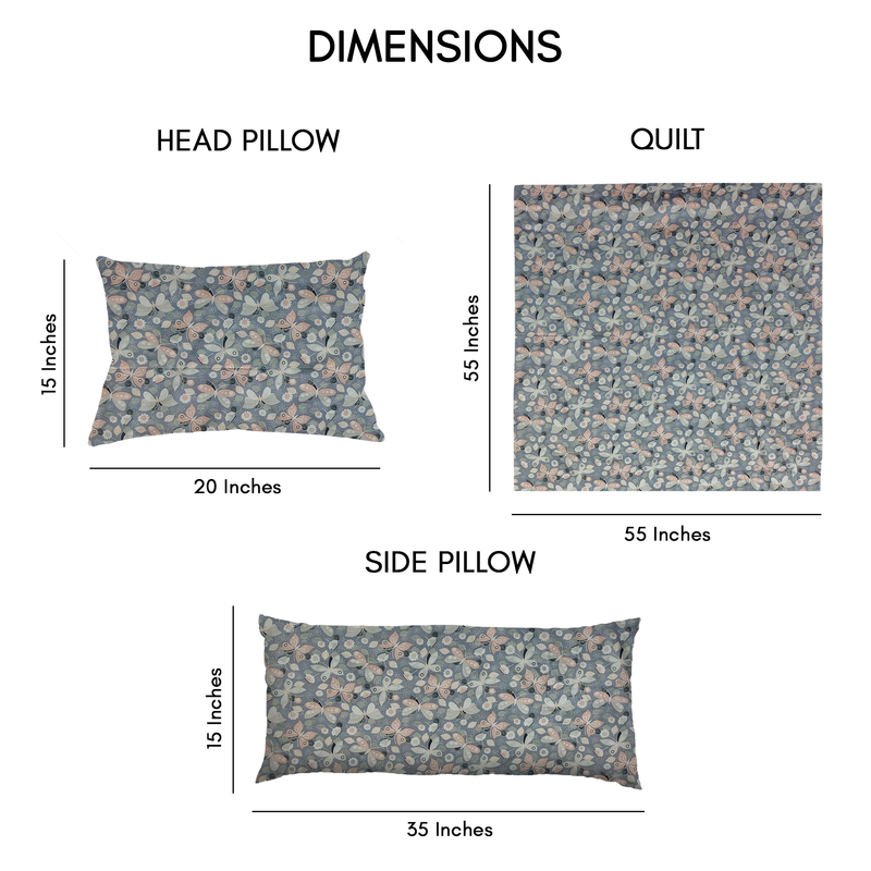 Kradyl Kroft Kids 3 Pcs Bedding Set with Removable Covers | Duvet, Pillow and Lumbar Pillow with 100% Cotton Covers - Grey Butterfly