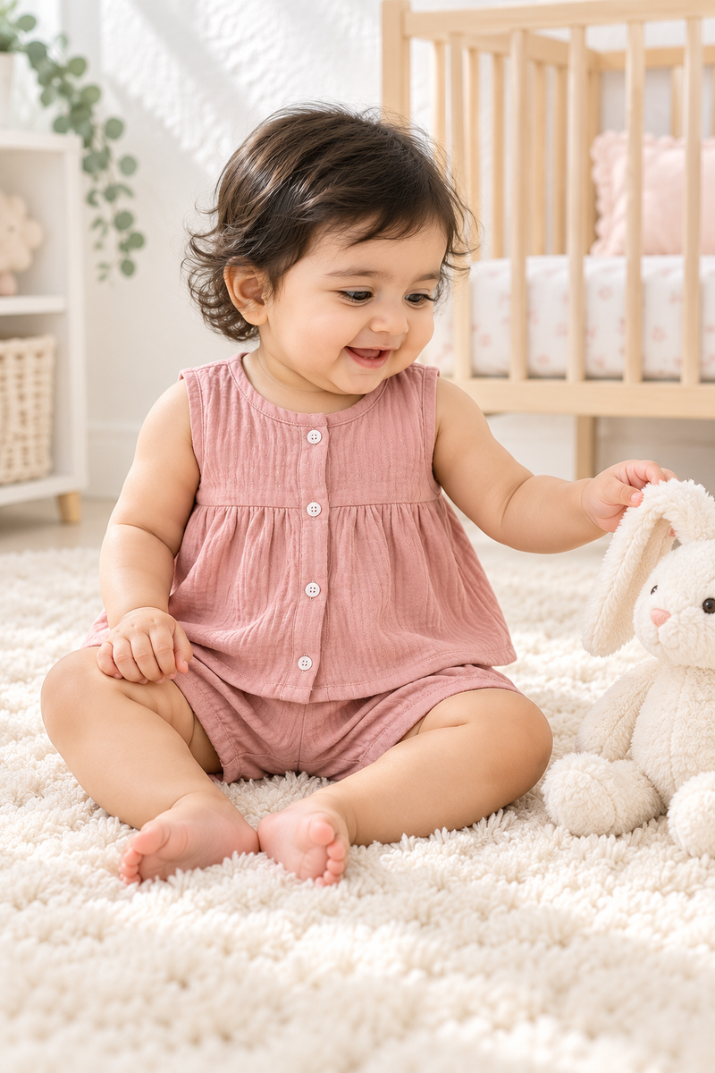 Pink Baby Girl Sleeveless Top and Shorts Set | Premium Crinkled Double Layered Muslin