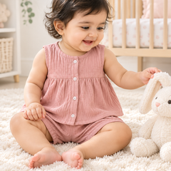 Pink Baby Girl Sleeveless Top and Shorts Set | Premium Crinkled Double Layered Muslin
