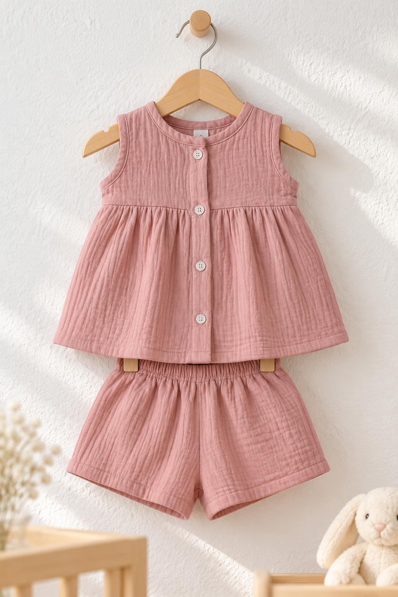 Pink Baby Girl Sleeveless Top and Shorts Set | Premium Crinkled Double Layered Muslin