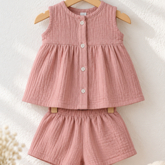 Pink Baby Girl Sleeveless Top and Shorts Set | Premium Crinkled Double Layered Muslin