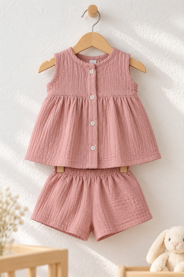 Pink Baby Girl Sleeveless Top and Shorts Set | Premium Crinkled Double Layered Muslin