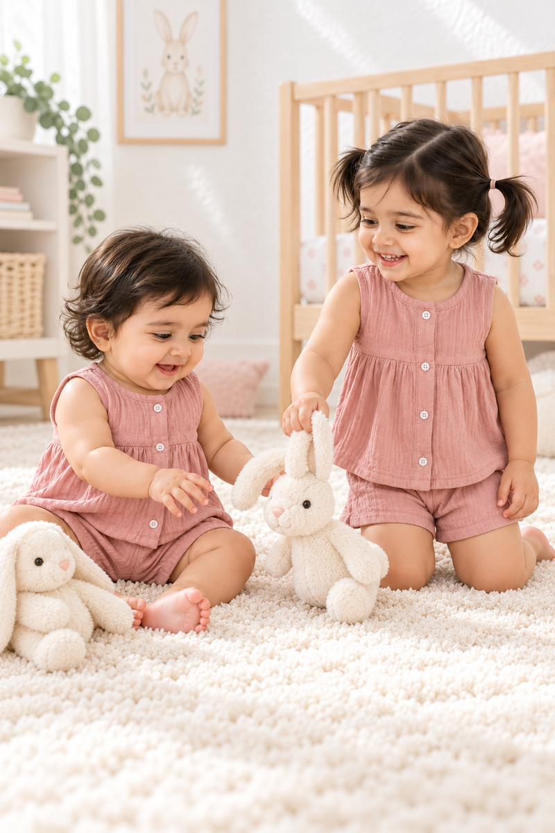 Pink Baby Girl Sleeveless Top and Shorts Set | Premium Crinkled Double Layered Muslin