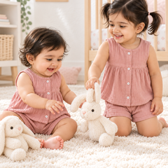 Pink Baby Girl Sleeveless Top and Shorts Set | Premium Crinkled Double Layered Muslin