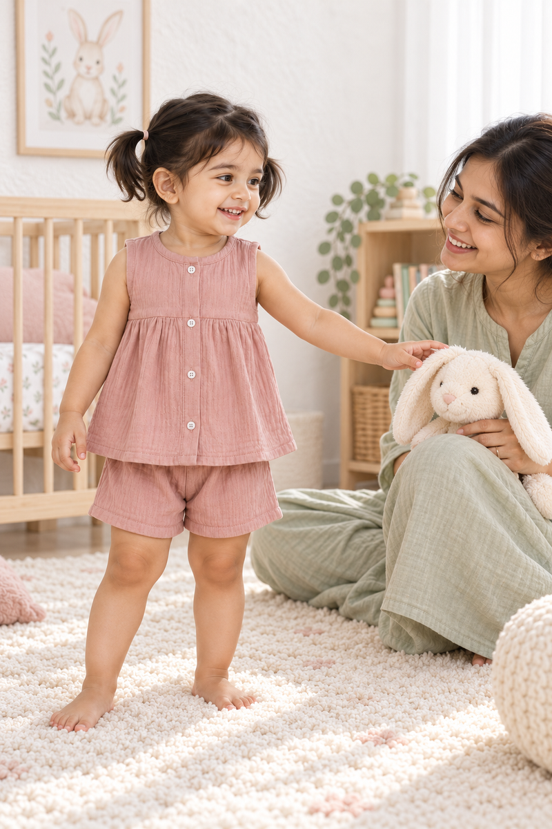 Pink Baby Girl Sleeveless Top and Shorts Set | Premium Crinkled Double Layered Muslin