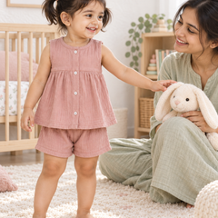 Pink Baby Girl Sleeveless Top and Shorts Set | Premium Crinkled Double Layered Muslin