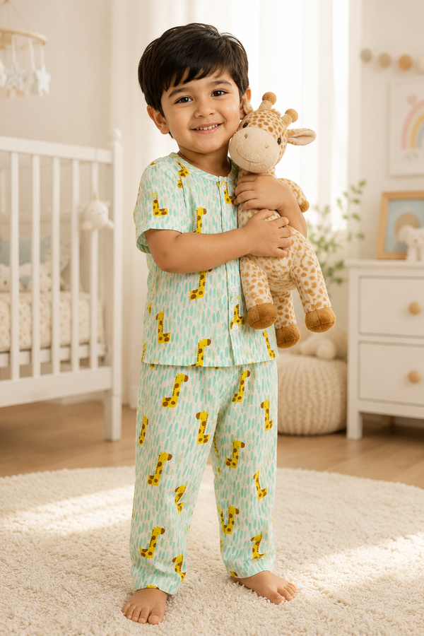 Green Giraffe |Half Sleeves| Checkered Muslin| Soft Unisex Muslin Set for New Born to 6 Years