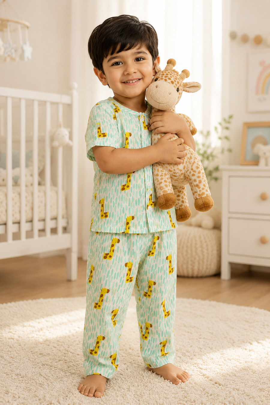 Green Giraffe |Half Sleeves| Checkered Muslin| Soft Unisex Muslin Set for New Born to 6 Years