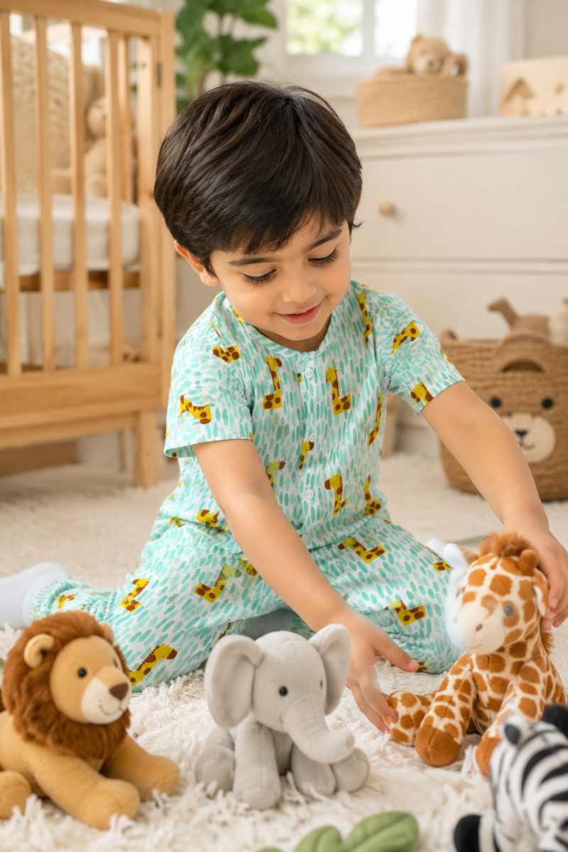 Green Giraffe |Half Sleeves| Checkered Muslin| Soft Unisex Muslin Set for New Born to 6 Years