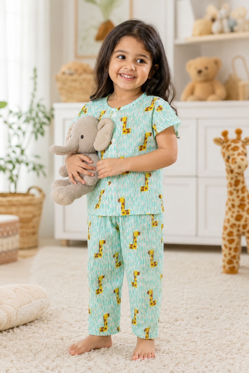 Green Giraffe |Half Sleeves| Checkered Muslin| Soft Unisex Muslin Set for New Born to 6 Years