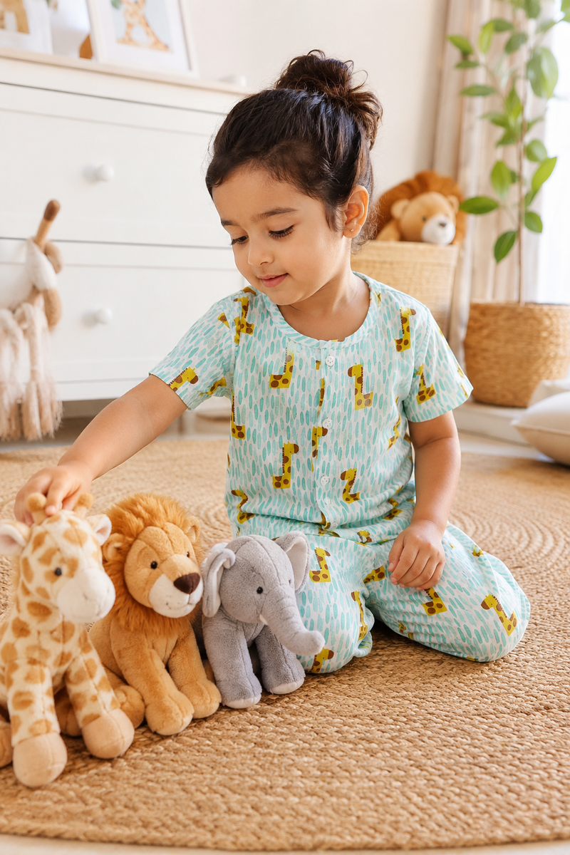 Green Giraffe |Half Sleeves| Checkered Muslin| Soft Unisex Muslin Set for New Born to 6 Years