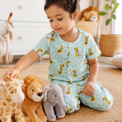 Green Giraffe |Half Sleeves| Checkered Muslin| Soft Unisex Muslin Set for New Born to 6 Years