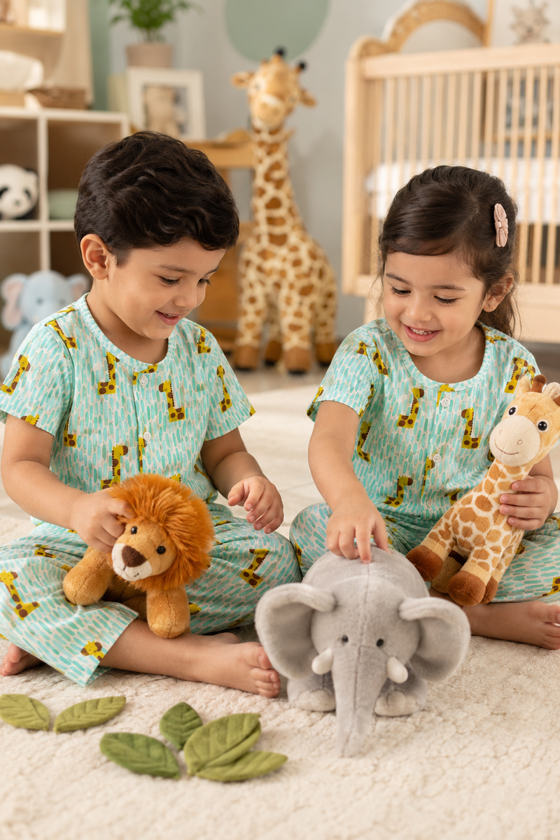 Green Giraffe |Half Sleeves| Checkered Muslin| Soft Unisex Muslin Set for New Born to 6 Years