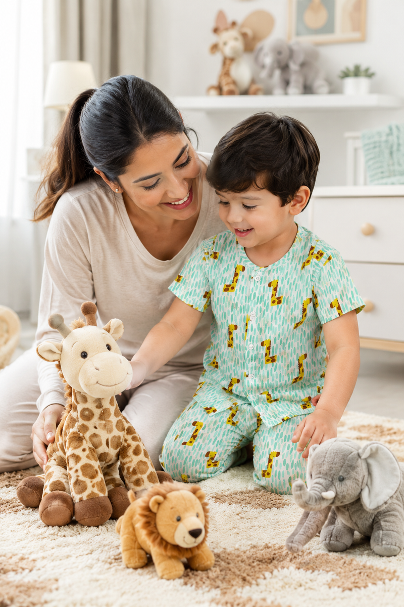 Green Giraffe |Half Sleeves| Checkered Muslin| Soft Unisex Muslin Set for New Born to 6 Years