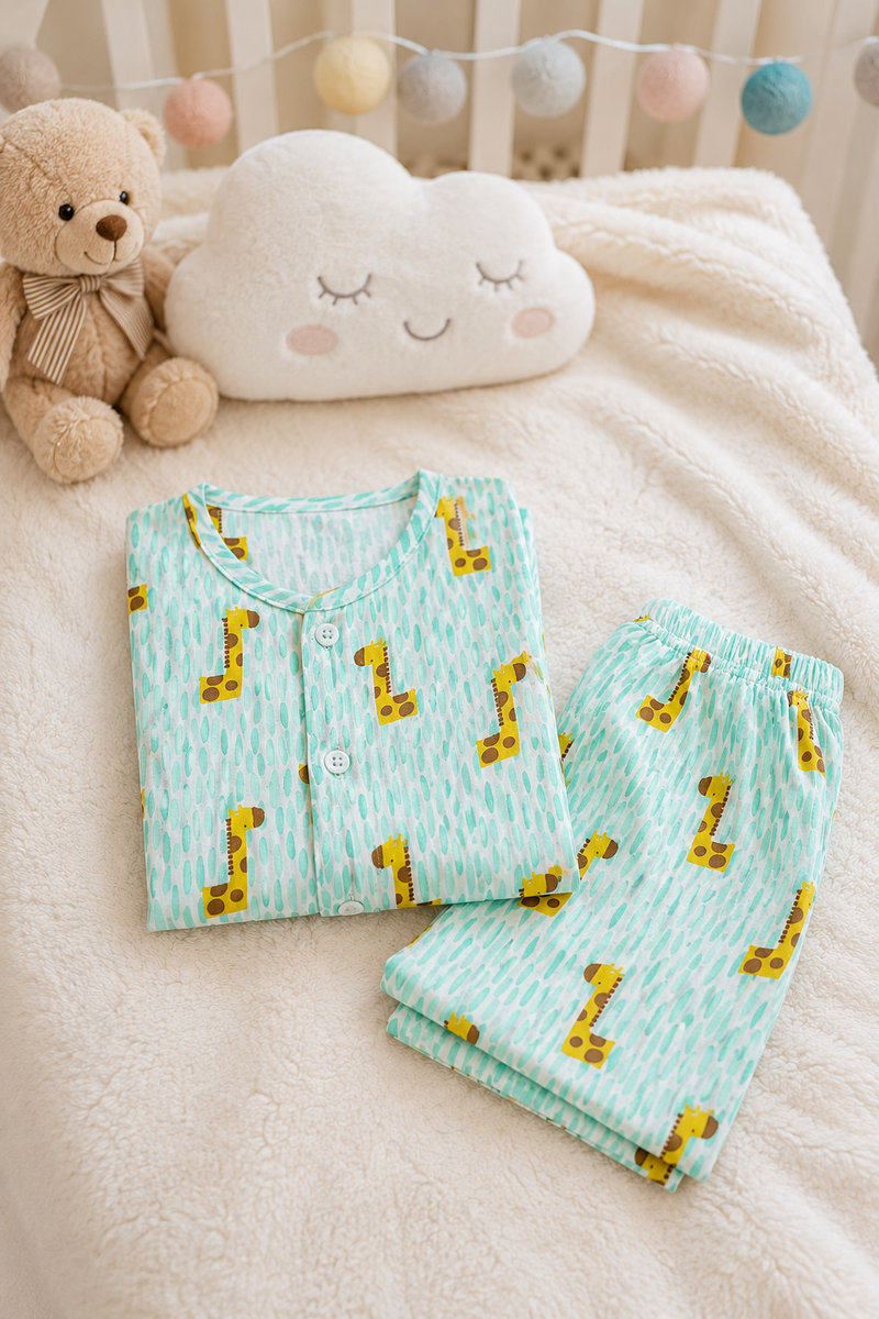 Green Giraffe |Half Sleeves| Checkered Muslin| Soft Unisex Muslin Set for New Born to 6 Years