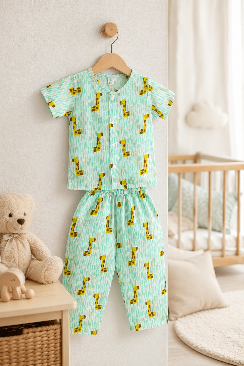 Green Giraffe |Half Sleeves| Checkered Muslin| Soft Unisex Muslin Set for New Born to 6 Years