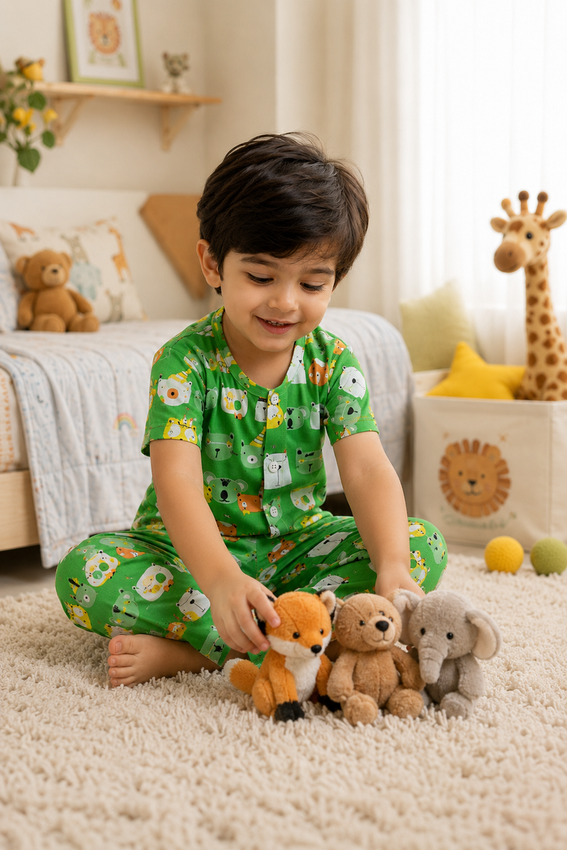 Green Panda - 100% Cotton Poplin | Unisex | Half Sleeve Cotton Sets for New Born to 6 Years