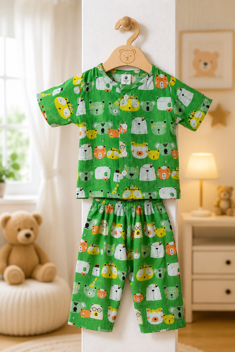 Green Panda - 100% Cotton Poplin | Unisex | Half Sleeve Cotton Sets for New Born to 6 Years