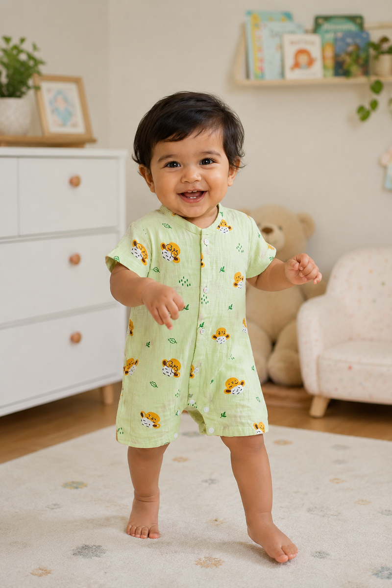 Green Sheep | Short Sleeves | Unisex Romper Bodysuit | 100% Cotton Muslin for 0 to 2 Yrs