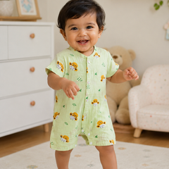 Green Sheep | Short Sleeves | Unisex Romper Bodysuit | 100% Cotton Muslin for 0 to 2 Yrs