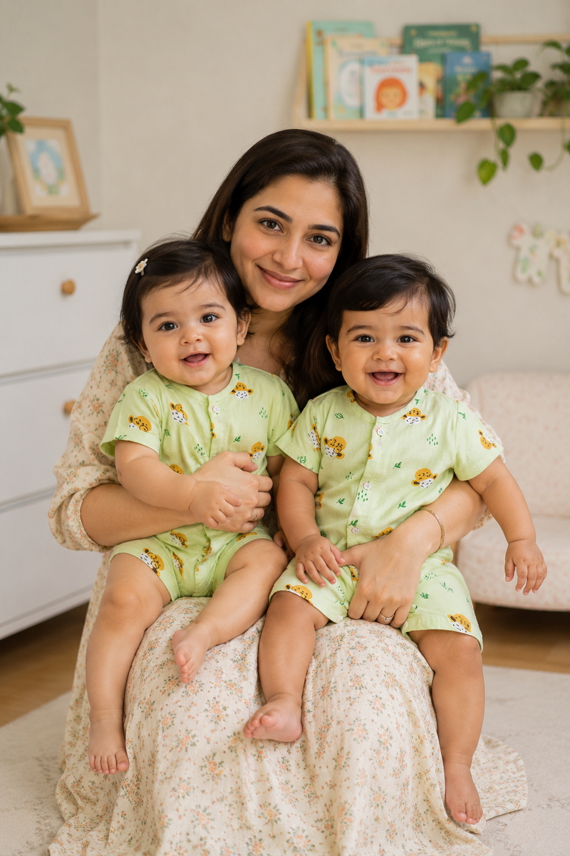 Green Sheep | Short Sleeves | Unisex Romper Bodysuit | 100% Cotton Muslin for 0 to 2 Yrs