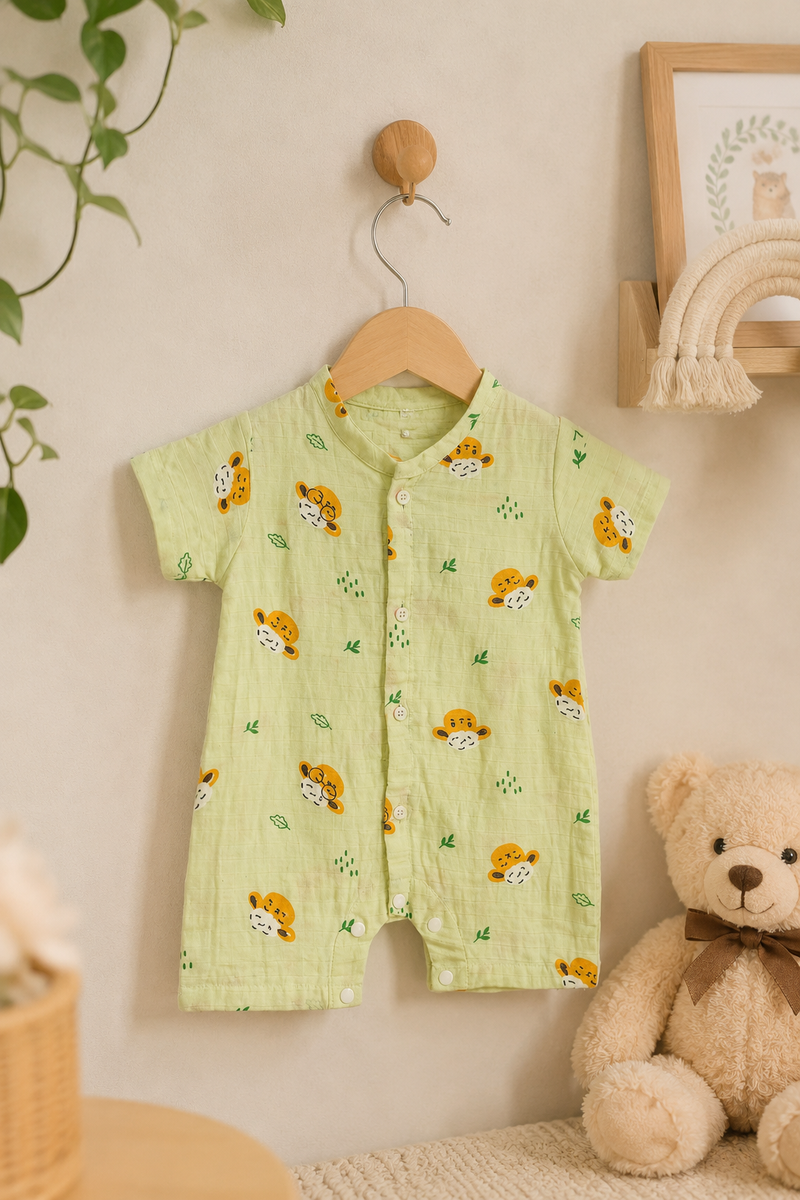 Green Sheep | Short Sleeves | Unisex Romper Bodysuit | 100% Cotton Muslin for 0 to 2 Yrs