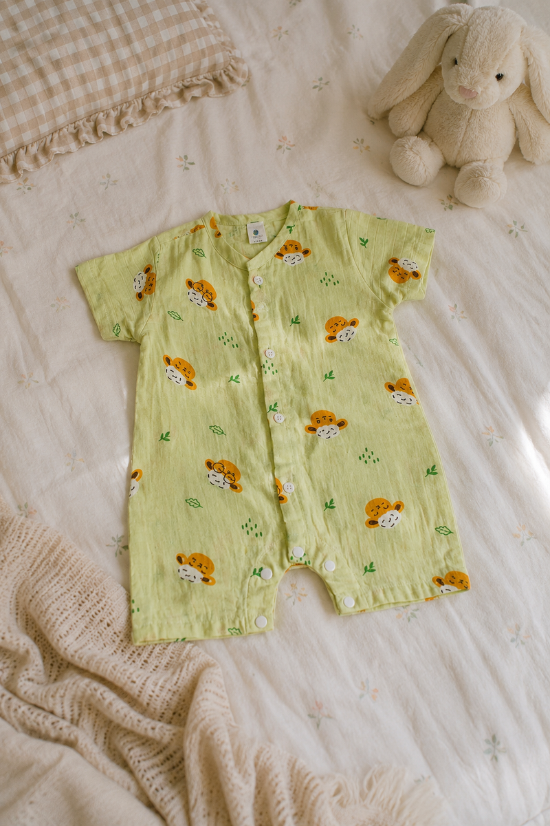 Green Sheep | Short Sleeves | Unisex Romper Bodysuit | 100% Cotton Muslin for 0 to 2 Yrs