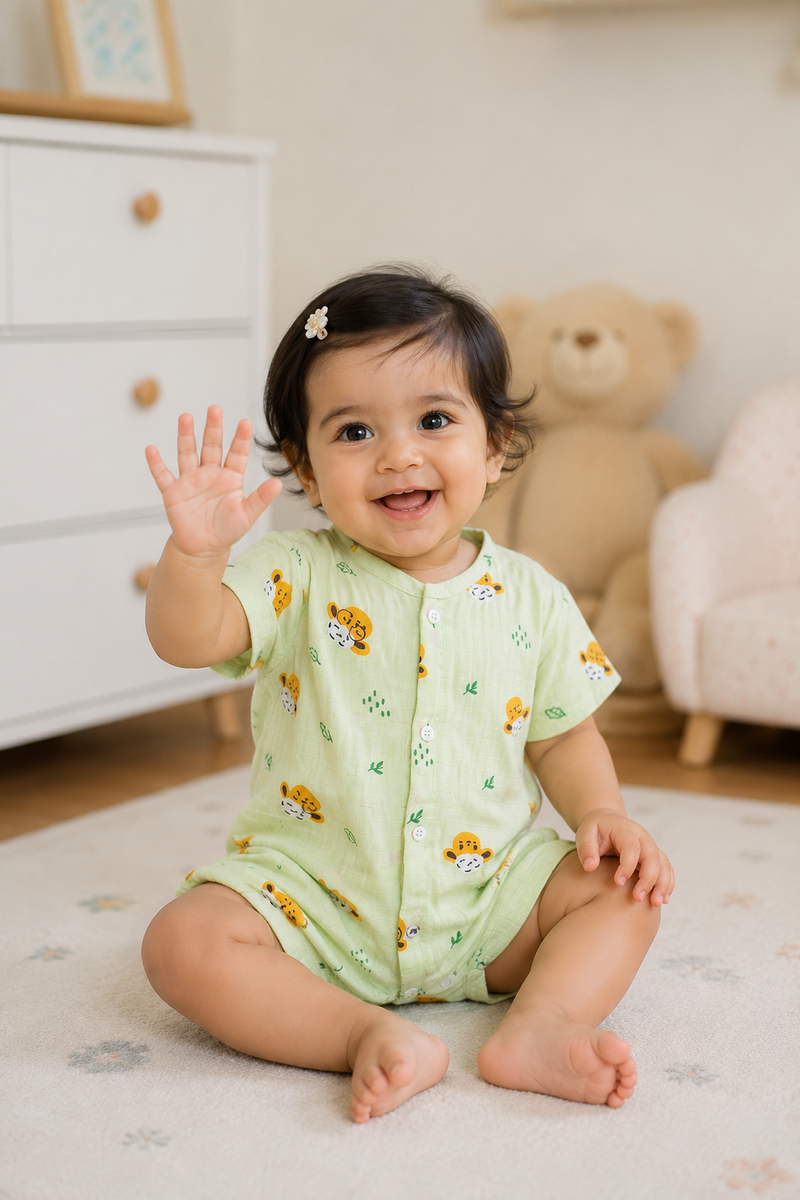 Green Sheep | Short Sleeves | Unisex Romper Bodysuit | 100% Cotton Muslin for 0 to 2 Yrs