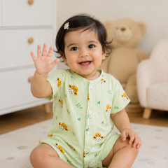 Green Sheep | Short Sleeves | Unisex Romper Bodysuit | 100% Cotton Muslin for 0 to 2 Yrs