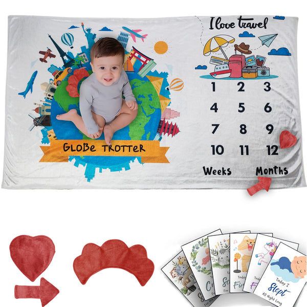 I Love Travel - Milestone Blanket Quilt with 6 Milestone Cards and Markers