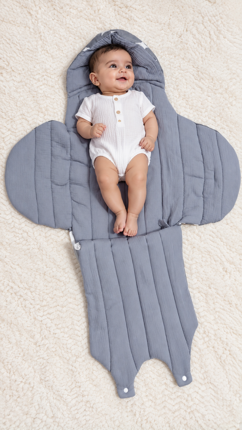 Quilted Butterfly Hooded Muslin Swaddle Blanket with Ties for 0-6 Months - Grey Star