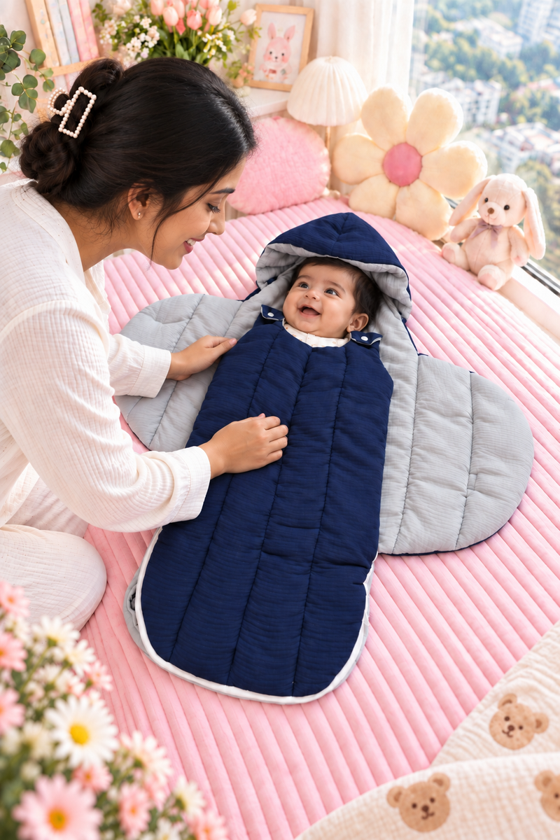 Quilted Butterfly Hooded Muslin Swaddle Blanket with Ties for 0-6 Months - Navy Grey