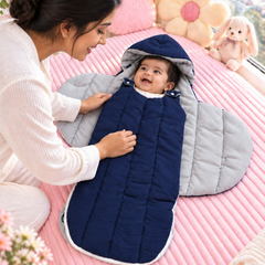 Quilted Butterfly Hooded Muslin Swaddle Blanket with Ties for 0-6 Months - Navy Grey