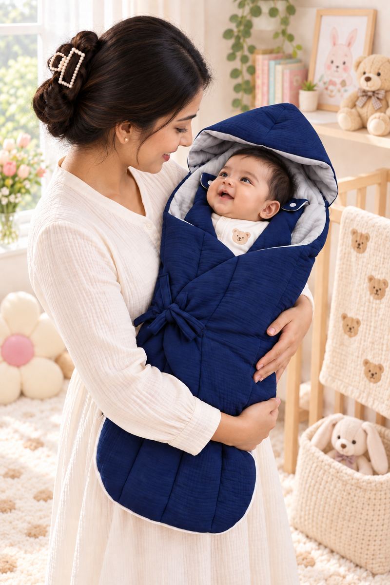 Quilted Butterfly Hooded Muslin Swaddle Blanket with Ties for 0-6 Months - Navy Grey