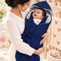 Quilted Butterfly Hooded Muslin Swaddle Blanket with Ties for 0-6 Months - Navy Grey