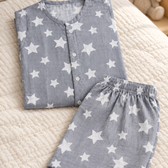 Star Grey |Full Sleeves| 120 GSM Checkered Muslin Fabric |  Soft Unisex Muslin Set for New Born to 6 Years