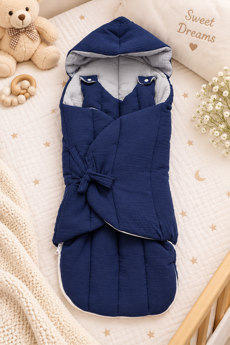 Quilted Butterfly Hooded Muslin Swaddle Blanket with Ties for 0-6 Months - Navy Grey