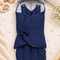 Quilted Butterfly Hooded Muslin Swaddle Blanket with Ties for 0-6 Months - Navy Grey