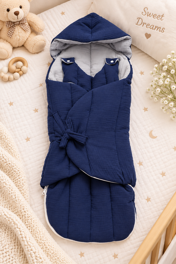Quilted Butterfly Hooded Muslin Swaddle Blanket with Ties for 0-6 Months - Navy Grey
