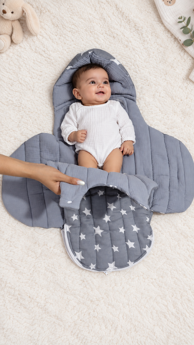 Quilted Butterfly Hooded Muslin Swaddle Blanket with Ties for 0-6 Months - Grey Star