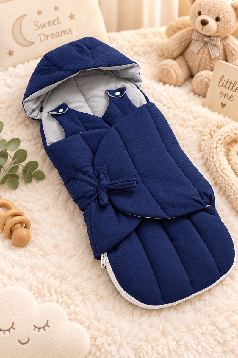 Quilted Butterfly Hooded Muslin Swaddle Blanket with Ties for 0-6 Months - Navy Grey