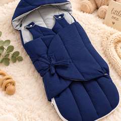 Quilted Butterfly Hooded Muslin Swaddle Blanket with Ties for 0-6 Months - Navy Grey