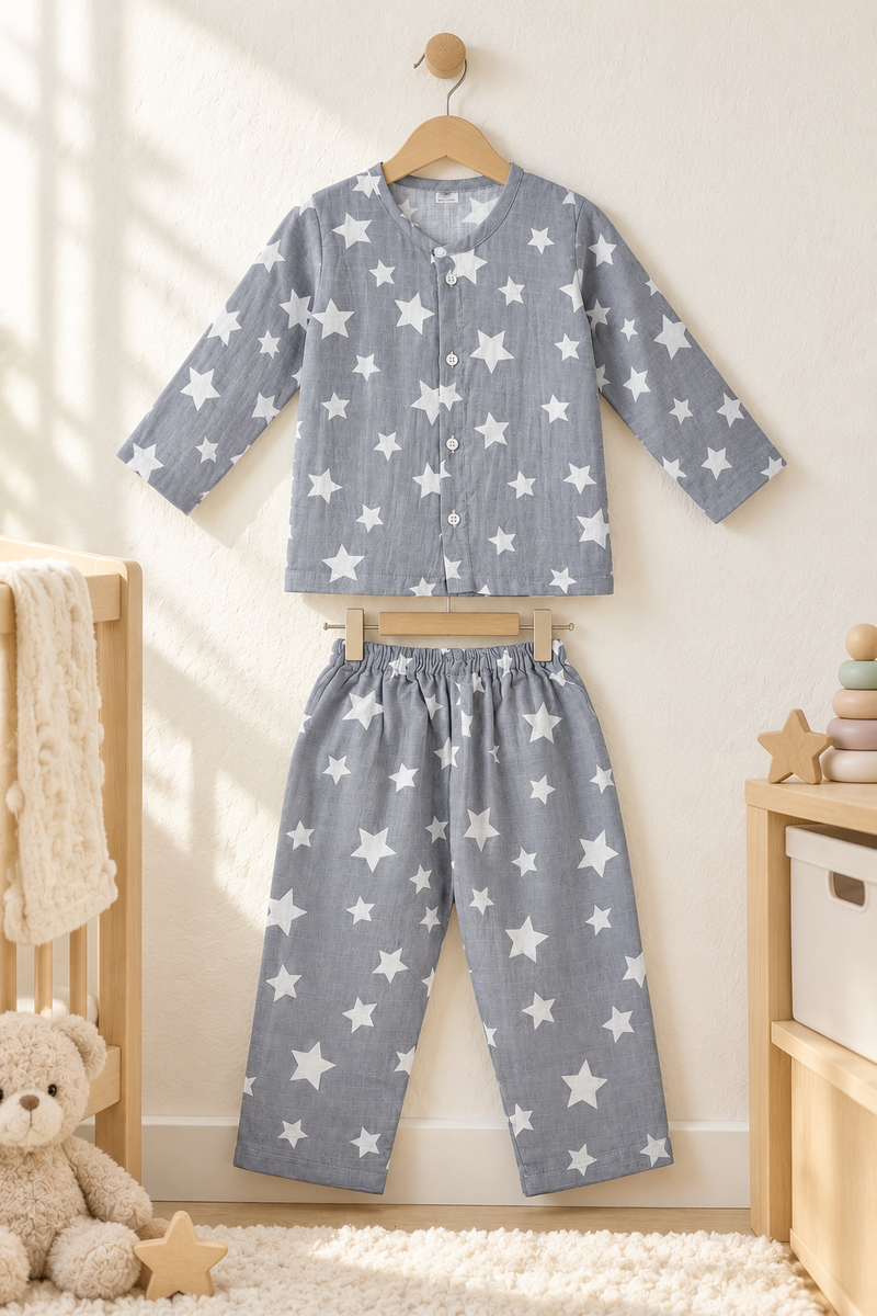 Star Grey |Full Sleeves| 120 GSM Checkered Muslin Fabric |  Soft Unisex Muslin Set for New Born to 6 Years