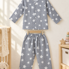 Star Grey |Full Sleeves| 120 GSM Checkered Muslin Fabric |  Soft Unisex Muslin Set for New Born to 6 Years